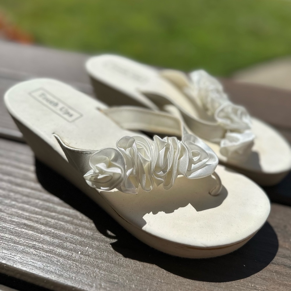 Touch Ups Cream/White Floral Women's Wedge Sandals Wedding or Bridal Shower